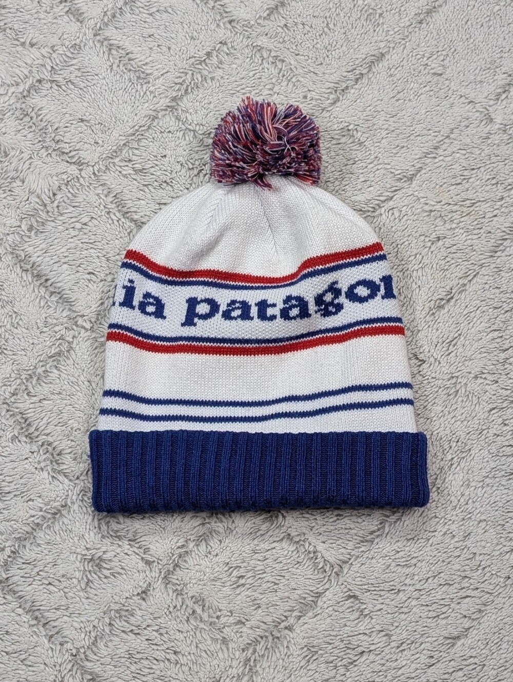 Patagonia Beanie Hat Adult OS Blue White Red Stripe Powder Town Knit Buffalo